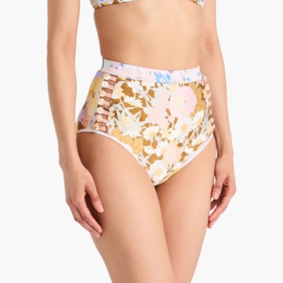 Zimmermann Pop Button High Waisted Bikini Bottoms floral patchwork print swim - Picture 2 of 12